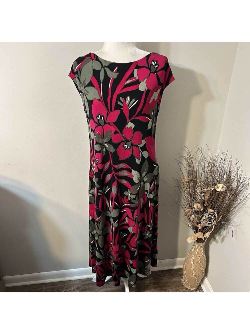 Chico’s Travelers Tropical Floral Hibiscus Midi Dress Women Stretch Slinky Sz L